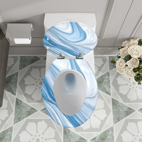 Top view of Elongated Resin Toilet Seat for Bathroom with blue marble design, fitting standard toilet size 14.5" x 18.5".