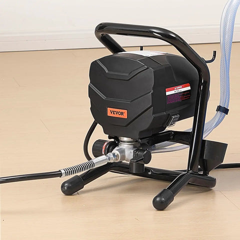 Heavy Duty Electric Airless Paint Sprayer With 650W Motor And 3000 Psi Pressure on a stand with hose attachment.
