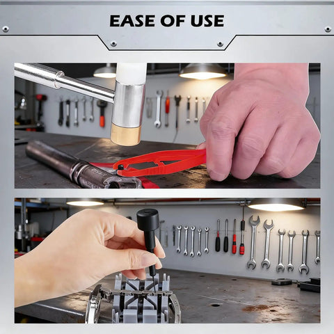 Pin Punch Hammer Set With Bench Block And 25-Piece Punch Kit in use on workbench for mechanical repair showcasing tool versatility.