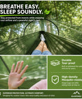 Person relaxing in a Camping Hammock With Mosquito Net 360 Degree Protection Ultrafine Mesh 770 Lbs Capacity in a forest setting.