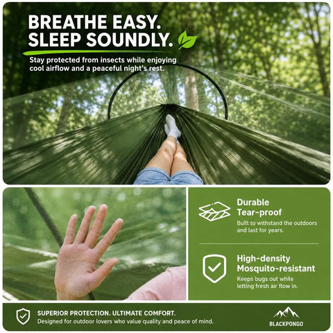 Person relaxing in a Camping Hammock With Mosquito Net 360 Degree Protection Ultrafine Mesh 770 Lbs Capacity in a forest setting.