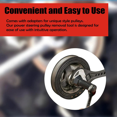 Close-up of wrench on Power Steering Pulley Puller And Installer Kit For GM Ford Chrysler Engines And Water Pump Vacuum Pulleys