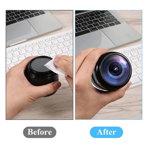 JIYIN lens cleaning tissue jar with 700 sheets; left shows tissue peeled from jar, right shows cleaning a camera lens.