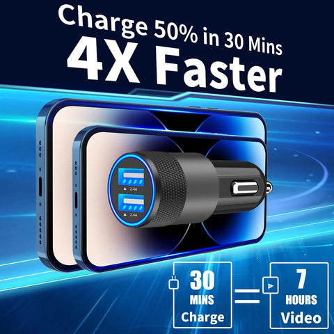 MFi Certified Dual USB Car Charger With 12W Fast Charge, Cigarette Lighter Power Adapter graphic with fast charging feature