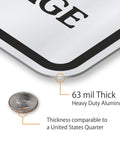 Custom Metal Sign 18 X 12 Inches With Your Own Message Hella Reflective Engineering Grade Aluminum showing 63 mil thickness with a quarter for scale.