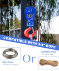 Beefy Heavy Duty Snatch Block With Hook, 8 Ton Capacity, blue body, compatible with 3/4 inch rope, steel cable and synthetic rope options