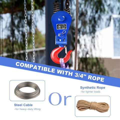 Beefy Heavy Duty Snatch Block With Hook, 8 Ton Capacity, blue body, compatible with 3/4 inch rope, steel cable and synthetic rope options