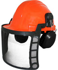 Orange helmet with face shield and ear muffs from All In One Forestry Safety Gear Kit Including Apron Chaps Helmet With Face Shield Ear Muffs Safety Glasses Chainsaw Pants Logging Tools And Orange Protective Accessories For Arborists.