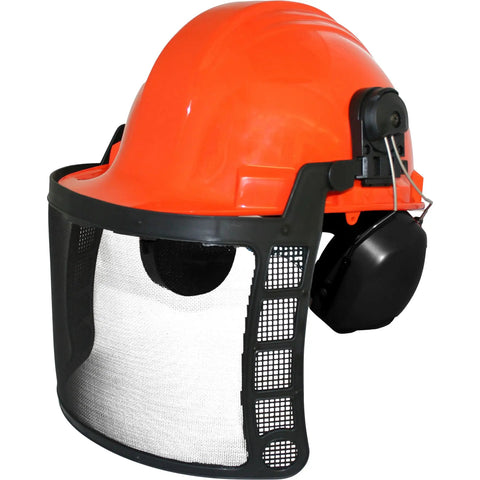 Orange helmet with face shield and ear muffs from All In One Forestry Safety Gear Kit Including Apron Chaps Helmet With Face Shield Ear Muffs Safety Glasses Chainsaw Pants Logging Tools And Orange Protective Accessories For Arborists.