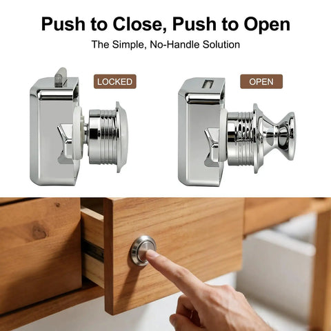 Push Button Cabinet Door Lock 5 Pack For Boats RVs Yachts Campers And Caravans Marine Drawer Latches Cupboard Push To Open Closures ABS Body With Zinc Alloy Chrome showing lock and open positions with finger pressing button on wooden drawer