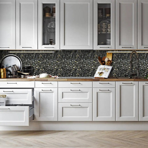Peel And Stick Backsplash Tiles For Kitchen, Bath, And Fireplace With Plaid Glass In Starry Sky Black, 5 Sheets, in white modern kitchen