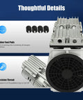 Close-up of Straight Up Heavy Duty Oil Free Silent Air Pump Featuring A 550W Dual Cylinder Motor with rubber foot pads and precision thread.