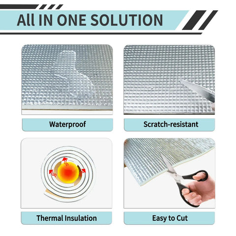 Dishwasher Noise Knockout Insulation Pad 13 X 79 Inch Self Stick Pef Foam Sheet showing waterproof and scratch-resistant features.