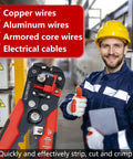Smiling worker holding Self Adjusting 3 In 1 Wire Stripper Crimper And Cutter For 10 To 24 AWG with industrial background