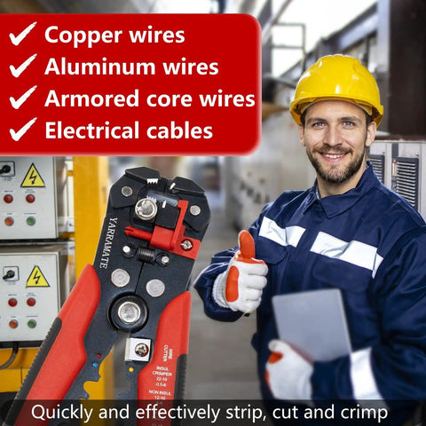 Smiling worker holding Self Adjusting 3 In 1 Wire Stripper Crimper And Cutter For 10 To 24 AWG with industrial background
