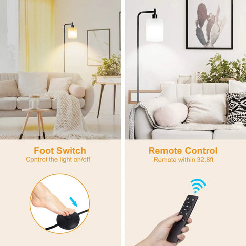 Floor Lamp With Remote And Foot Control Rustic Standing Light With Four Color Temperature Modes Jade Matte Glass Shade in living room
