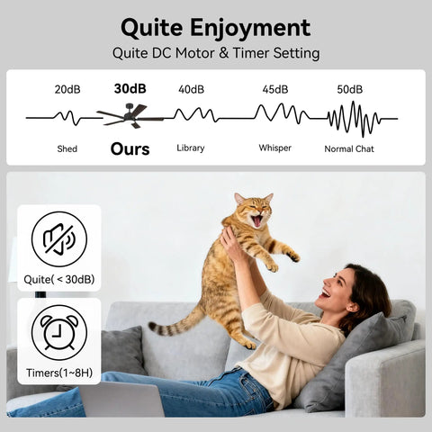 Woman on couch with cat demonstrating quiet operation of 52 Inch Smart Ceiling Fan With Lights Remote Quiet DC Motor Indoor Outdoor Modern Farmhouse Style Dimmable 6 Speed WiFi Alexa Google Assistant App Control Matte Black Ideal For Bedroom Living Room Patio Porch.