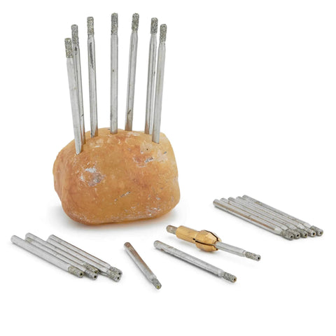 2Mm Diamond Drill Bits For Glass And Tile 0.08 Inch Hole Saw Set, pack of 20, displayed with some inserted in a holder.