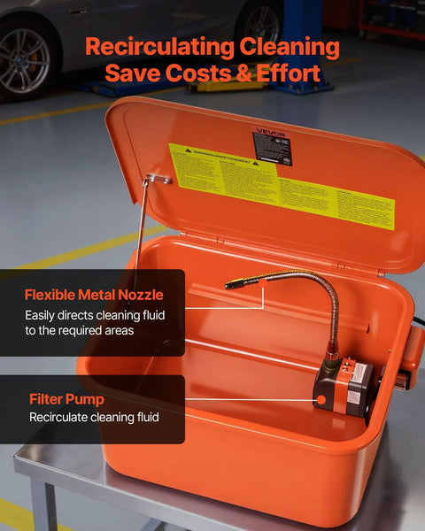 Portable 5 Gallon Steel Parts Washer With Electric Pump, 3.5 Gallon Auto Parts Cleaning Station interior view with flexible nozzle.