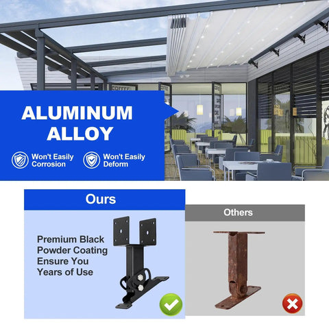 Adjustable Pergola Roof Riser Brackets For Outdoor Gazebo Tough As Nails Metal Supports Flexible Angle Brackets Weatherproof Powder Coated Steel For Balcony Terrace Porch Garden Backyard shown in aluminum alloy with durability comparison.