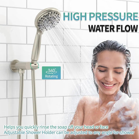 Top Tier Brushed Nickel Shower System Featuring 10 Inch Multifunctional High Pressure Head And Handheld Sprayer Plus Quick Swap Valve For A Major Bathroom Glow Up