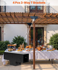 Heavy Duty 3 Way Pergola Brackets Kit For 4x4 Wood Beams 3.5x3.5 Inch T Shape Connectors installed on outdoor pergola.