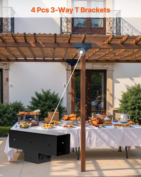 Heavy Duty 3 Way Pergola Brackets Kit For 4x4 Wood Beams 3.5x3.5 Inch T Shape Connectors installed on outdoor pergola.