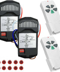 Two Pack Universal Ceiling Fan Remote Kit With Light Dimmer And Three Speed Receiver shown with remotes and wiring components.