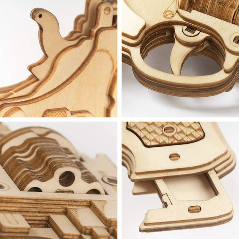 3D Wooden Puzzle Revolver Model Kit With Rubber Band Mechanism Dope Build Kit For Adults And Teens close-up unfinished wood parts