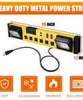 Heavy Duty Six Outlet Power Strip With Bright Led Worklight And Dual Usb Charging Ports For Fast Device Connections, 25" long, metal construction.