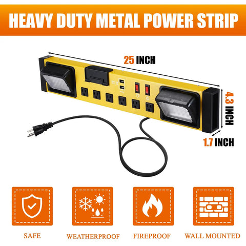 Heavy Duty Six Outlet Power Strip With Bright Led Worklight And Dual Usb Charging Ports For Fast Device Connections, 25" long, metal construction.