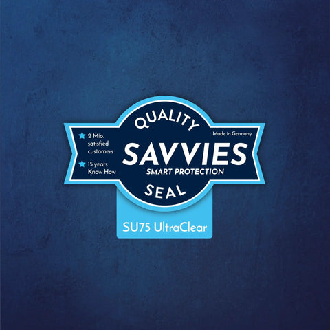 Savvies quality seal for UltraClear screen protection, highlighting 15 years of expertise and 2 million satisfied customers.