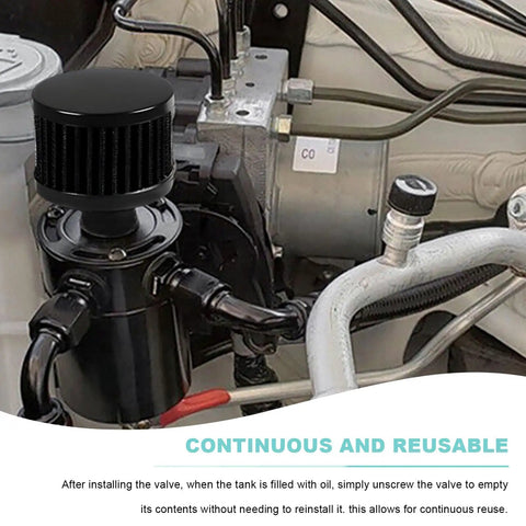 Two Port Billet Aluminum Oil Catch Can Kit With Breather Filter And Drain Valve installed in engine bay
