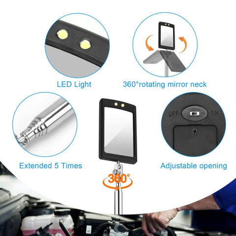 Two Pack Telescoping Inspection Mirror With LED Light Round And Square Heads Handy Tool for reaching tight spots in vehicles