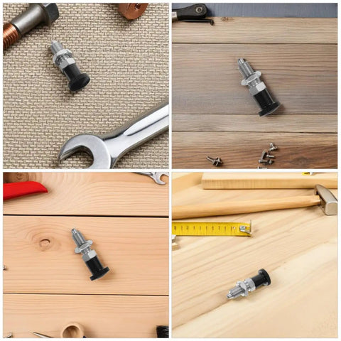 Stainless Steel Reset Indexing Plunger With Knob And Self Locking Mechanism M10 For Mechanical Applications and Maintenance Tasks, Easy Install, positioned on a workbench.