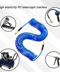 Top Shelf Recoil Air Compressor Hose Featuring Heavy Duty Pu Spring Design, coiled blue hose for pneumatic use.