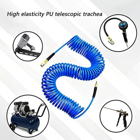 Top Shelf Recoil Air Compressor Hose Featuring Heavy Duty Pu Spring Design, coiled blue hose for pneumatic use.