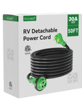 Heavy Duty 30 Amp 50 Foot RV Power Extension Cord With Locking TT-30P Male And L5-30R Female Connectors, Weather Resistant 10 Gauge 3 Wire STW Jacket, Durable Strain Relief For Campsites And RV Parks on box