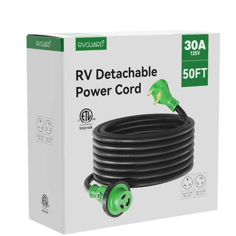 Heavy Duty 30 Amp 50 Foot RV Power Extension Cord With Locking TT-30P Male And L5-30R Female Connectors, Weather Resistant 10 Gauge 3 Wire STW Jacket, Durable Strain Relief For Campsites And RV Parks on box