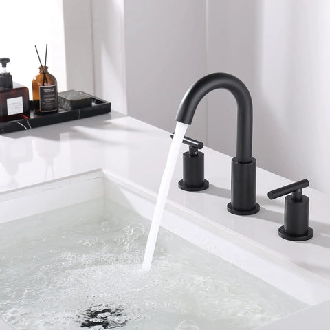 Black Matte Widespread Bathroom Faucet With Pop Up Drain And Supply Hose, 8 Inch, Two Handles, Three Hole Mount in use