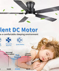 52 Inch Low Profile Ceiling Fan In Matte Black rolls silently on a premium DC motor with child sleeping peacefully underneath.