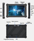 Rock Solid 10.1 Inch Rugged Tablet With 2D Barcode Scanner And Windows 11 Pro showing front, back, and side ports and features.