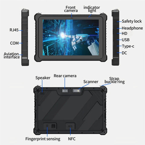 Rock Solid 10.1 Inch Rugged Tablet With 2D Barcode Scanner And Windows 11 Pro showing front, back, and side ports and features.