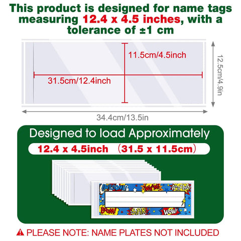 Diagram showing Upgraded Transparent Nameplate Pockets With Self Adhesive Back 12.4 By 4.5 Inch dimensions and design.