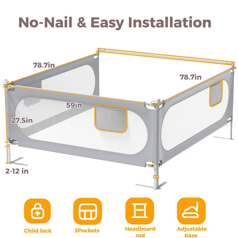 Three Side Queen Size Bed Rail For Toddlers With Headboard Rod No Drill Baby Guard Adjustable Side Rails For Kids