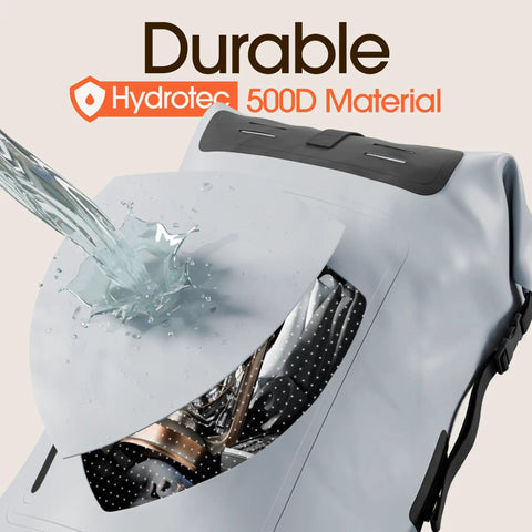 Water pouring on Rugged All Weather Waterproof Hiking Backpack With Roll Top Closure Cushioned Dry Bag And Waterproof Phone Case Heavy Duty Pack For Kayaking Camping Fishing Biking And Everyday Use