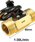 Hall Effect Water Flow Sensor Switch for Liquid Water Flowmeter, 1-30 Liters Per Minute, DC 5V, 60mm, brass, side view.