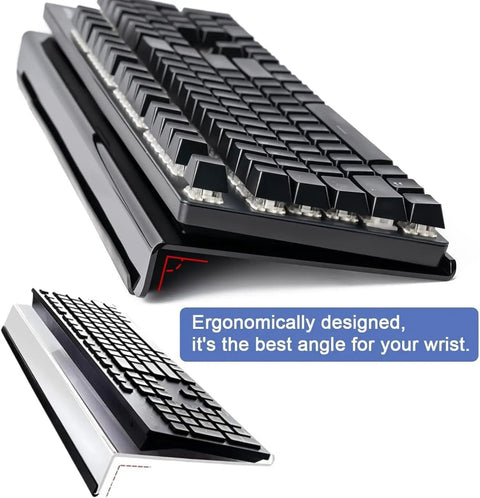 Go To Ergonomic Acrylic Keyboard Stand With Rubber Strip, black keyboard on raised tray for comfy typing at home or office