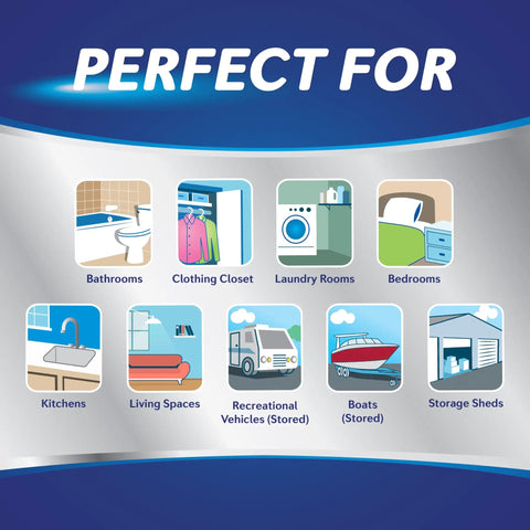 Illustrations showing ideal use of Fragrance Free Drop In Tabs 4 Pack 15.8 Oz Refill Moisture Absorber for various home areas.