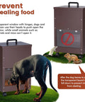 Rock Solid Gravity Dog Food Dispenser For Large Breed Pups 45 Lb Capacity with transparent window and pests, smooth wheels on grass.